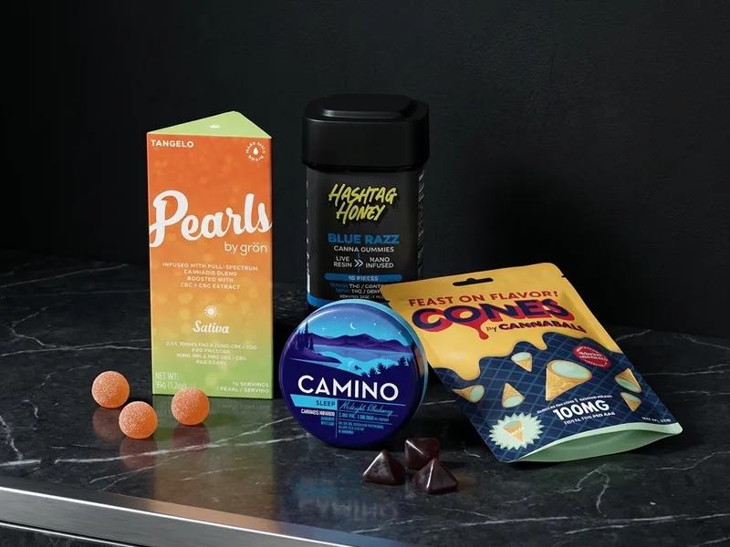 Cannabis edibles and gummy packages on dark marble