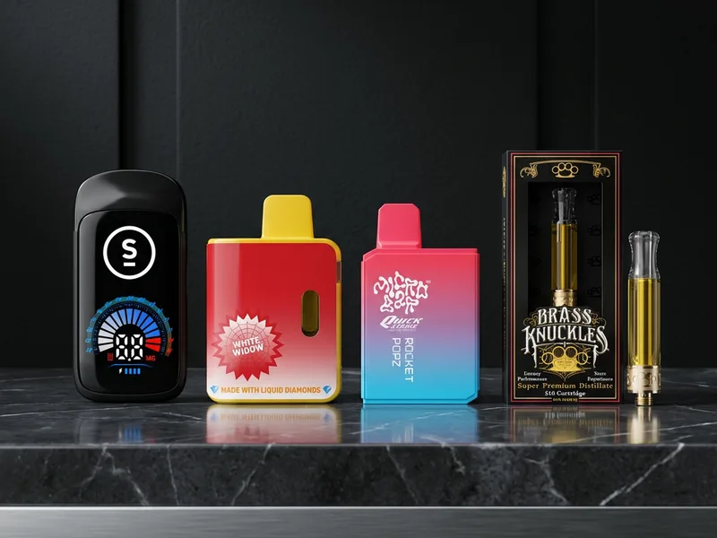 Cannabis vape pens and cartridges on dark marble